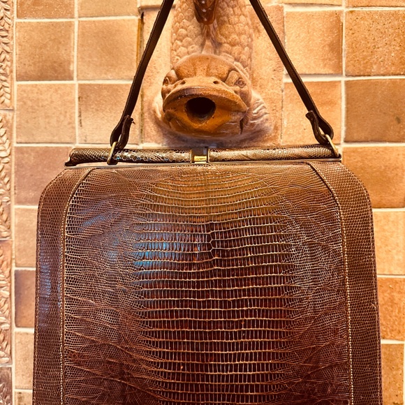 Vintage Genuine Lizard hand bag purse Brown 10"x8.5"x2.5" - Picture 2 of 8